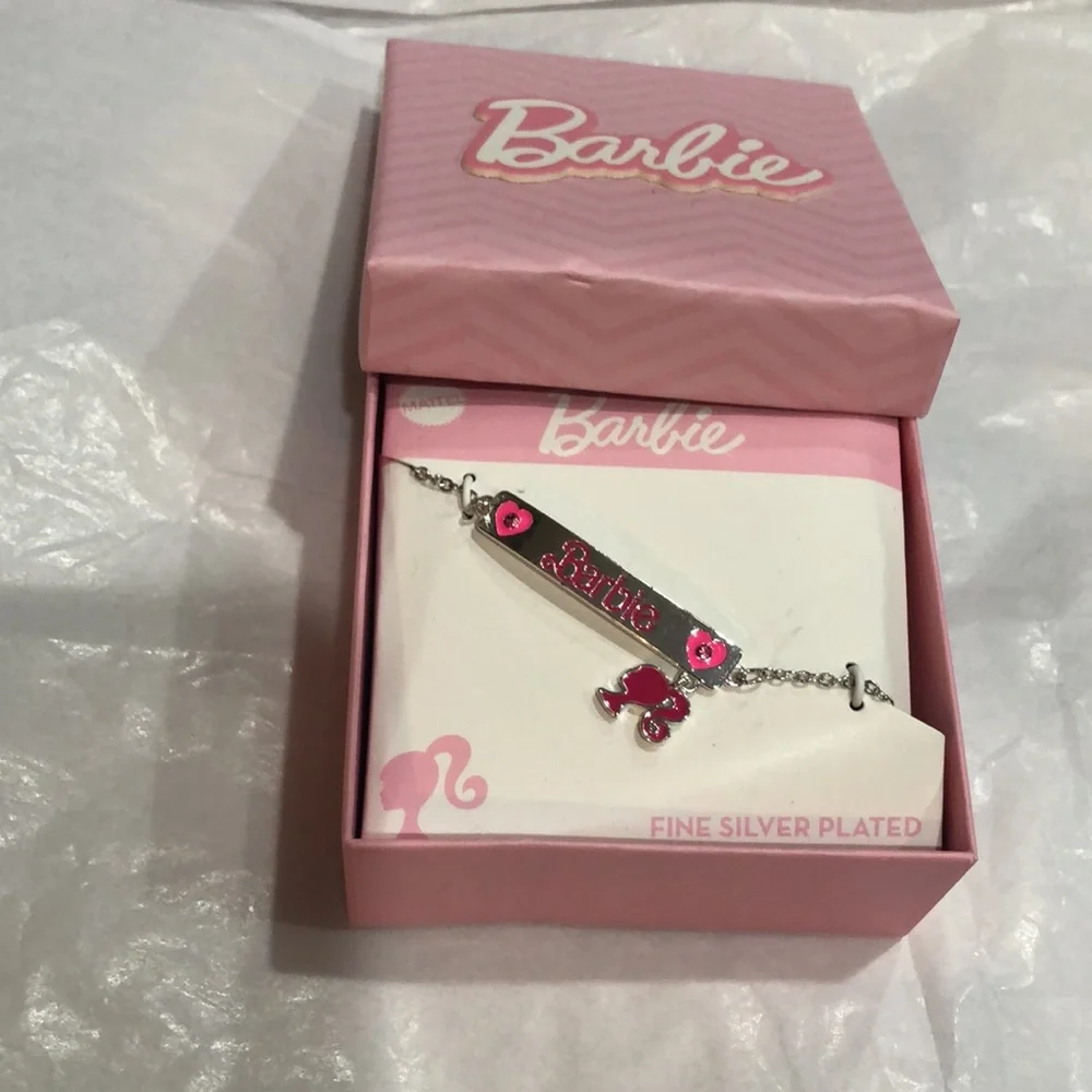 Barbie fine silver plated Barbie charm pink heart printed bar‎ bracelet new